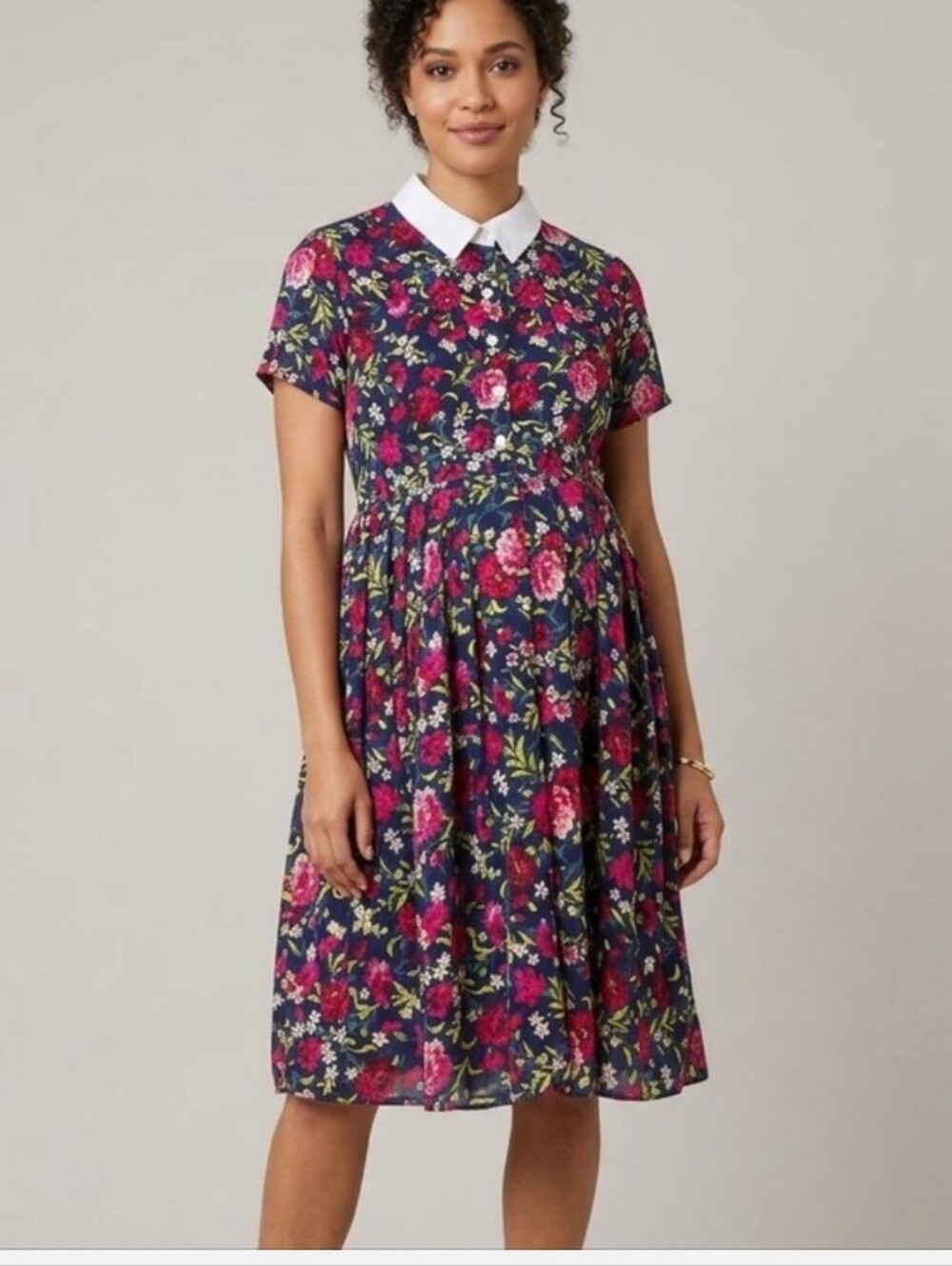 ASOS Navy Dress with Pink & Red Floral Print and White Collar